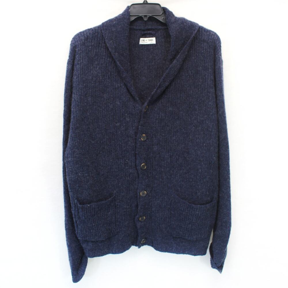 Line of Trade Navy Grandpa Pocket Sweater Knit 100% Shetland Wool Cardigan L